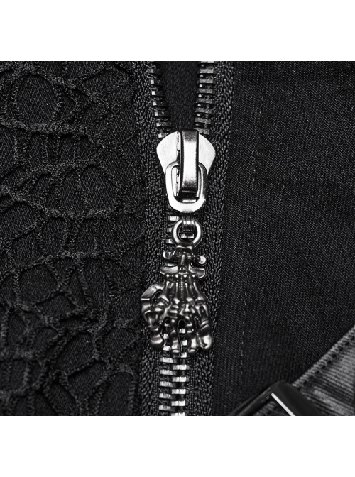 Black Stretch Denim Mesh Irregular Hollow Holes In The Front Center And Japanese Button Design Punk Style Sleeveless Coat