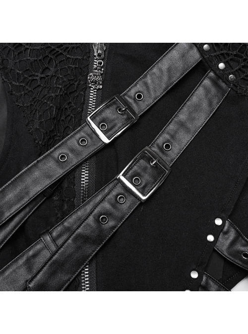 Black Stretch Denim Mesh Irregular Hollow Holes In The Front Center And Japanese Button Design Punk Style Sleeveless Coat