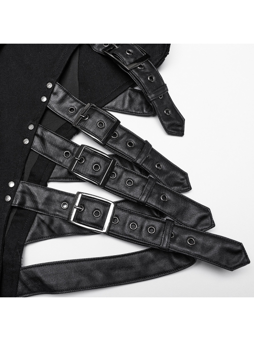 Black Stretch Denim Mesh Irregular Hollow Holes In The Front Center And Japanese Button Design Punk Style Sleeveless Coat