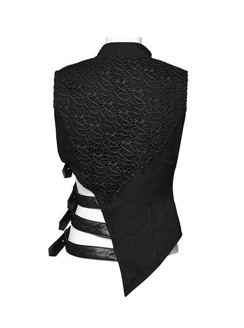 Black Stretch Denim Mesh Irregular Hollow Holes In The Front Center And Japanese Button Design Punk Style Sleeveless Coat