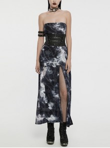 Ink Jiangnan Black And Gray Knitted Tie Dye With Medium Length Slit Hem Gothic Style Slim Tube Top Long Dress