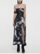 Ink Jiangnan Black And Gray Knitted Tie Dye With Medium Length Slit Hem Gothic Style Slim Tube Top Long Dress
