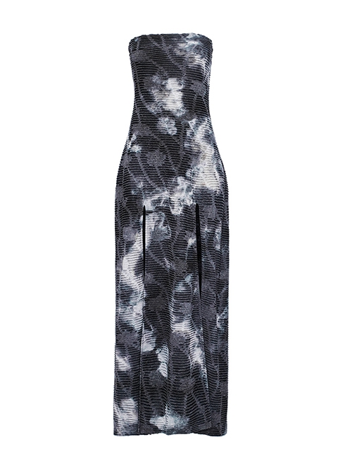 Ink Jiangnan Black And Gray Knitted Tie Dye With Medium Length Slit Hem Gothic Style Slim Tube Top Long Dress