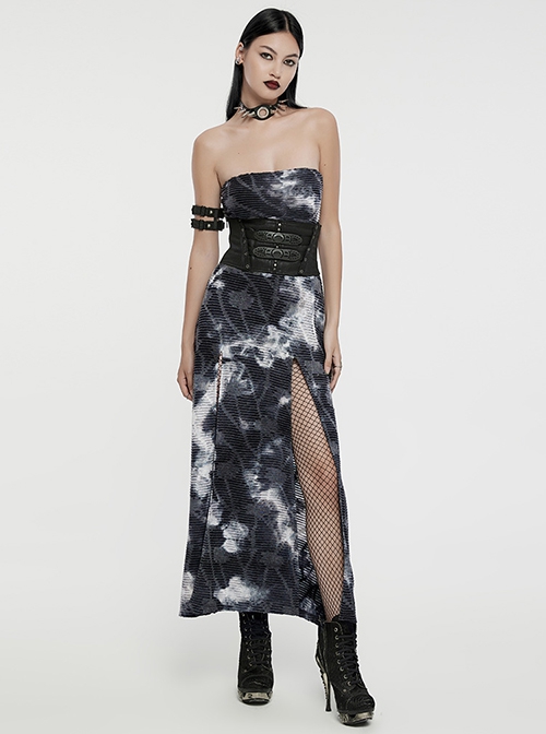 Ink Jiangnan Black And Gray Knitted Tie Dye With Medium Length Slit Hem Gothic Style Slim Tube Top Long Dress