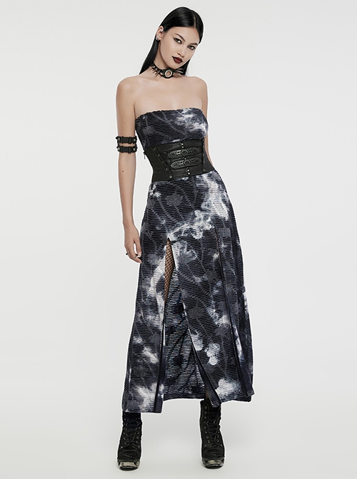 Ink Jiangnan Black And Gray Knitted Tie Dye With Medium Length Slit Hem Gothic Style Slim Tube Top Long Dress