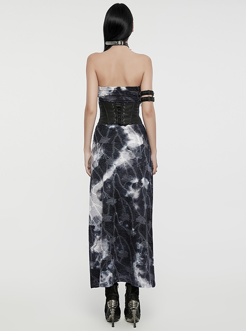 Ink Jiangnan Black And Gray Knitted Tie Dye With Medium Length Slit Hem Gothic Style Slim Tube Top Long Dress