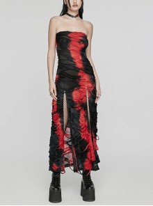Ink Jiangnan Black And Red Knitted Tie Dye With Medium Length Slit Hem Gothic Style Slim Tube Top Long Dress