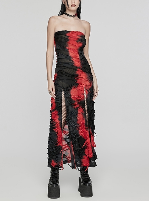 Ink Jiangnan Black And Red Knitted Tie Dye With Medium Length Slit Hem Gothic Style Slim Tube Top Long Dress