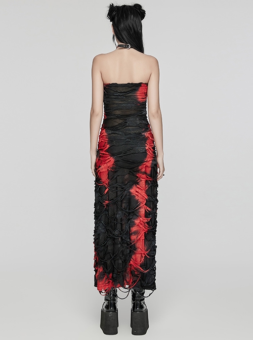 Ink Jiangnan Black And Red Knitted Tie Dye With Medium Length Slit Hem Gothic Style Slim Tube Top Long Dress