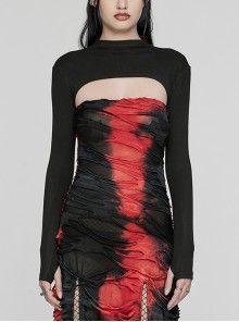 Black Soft Stretch Knitted Short Body Design Punk Style Simple Long Sleeve T-Shirt