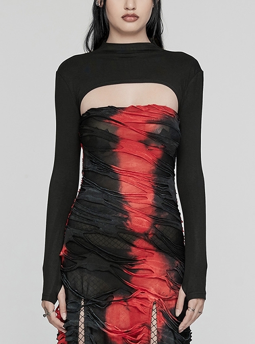 Black Soft Stretch Knitted Short Body Design Punk Style Simple Long Sleeve T-Shirt