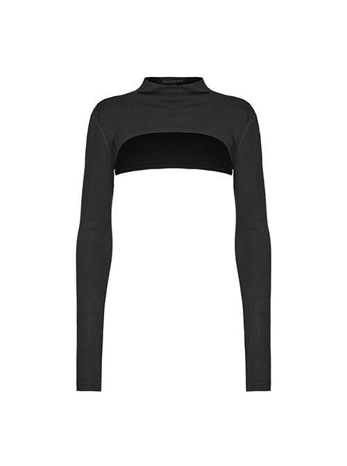 Black Soft Stretch Knitted Short Body Design Punk Style Simple Long Sleeve T-Shirt