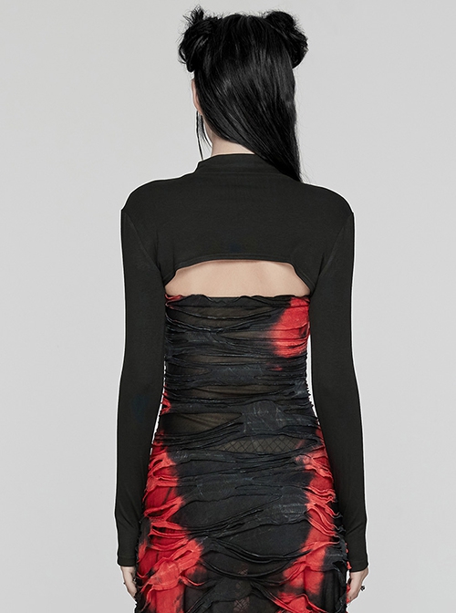 Black Soft Stretch Knitted Short Body Design Punk Style Simple Long Sleeve T-Shirt