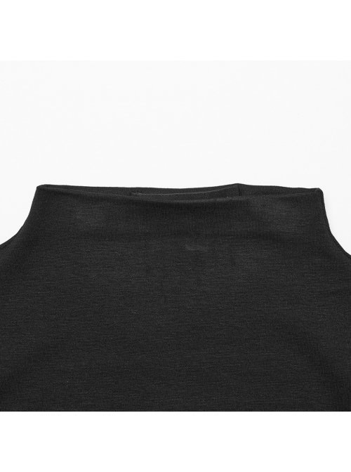 Black Soft Stretch Knitted Short Body Design Punk Style Simple Long Sleeve T-Shirt