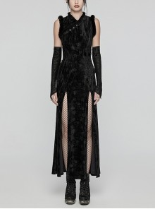 Retro Black Random Embossed Velvet Neckline Splicing Wool Strip Design With Exquisite Applique Gothic Style Chinese Long-Sleeved Dress