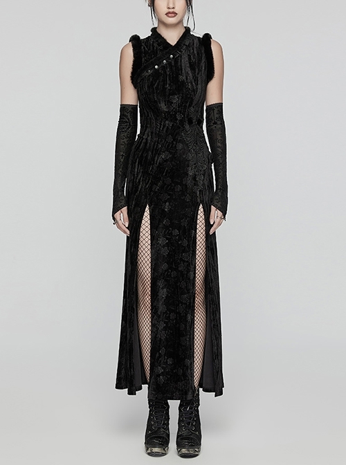 Retro Black Random Embossed Velvet Neckline Splicing Wool Strip Design With Exquisite Applique Gothic Style Chinese Long-Sleeved Dress
