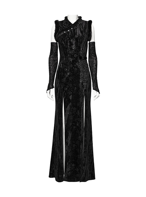 Retro Black Random Embossed Velvet Neckline Splicing Wool Strip Design With Exquisite Applique Gothic Style Chinese Long-Sleeved Dress