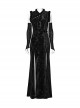 Retro Black Random Embossed Velvet Neckline Splicing Wool Strip Design With Exquisite Applique Gothic Style Chinese Long-Sleeved Dress