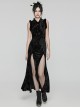 Retro Black Random Embossed Velvet Neckline Splicing Wool Strip Design With Exquisite Applique Gothic Style Chinese Long-Sleeved Dress
