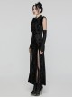 Retro Black Random Embossed Velvet Neckline Splicing Wool Strip Design With Exquisite Applique Gothic Style Chinese Long-Sleeved Dress