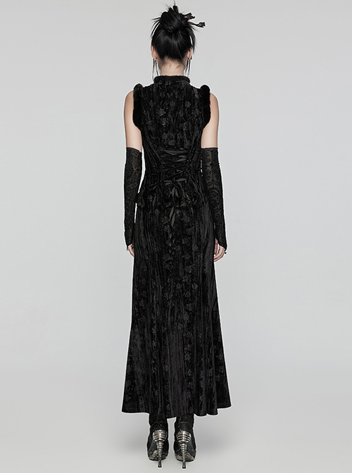 Retro Black Random Embossed Velvet Neckline Splicing Wool Strip Design With Exquisite Applique Gothic Style Chinese Long-Sleeved Dress