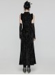 Retro Black Random Embossed Velvet Neckline Splicing Wool Strip Design With Exquisite Applique Gothic Style Chinese Long-Sleeved Dress