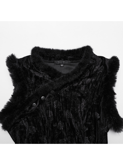 Retro Black Random Embossed Velvet Neckline Splicing Wool Strip Design With Exquisite Applique Gothic Style Chinese Long-Sleeved Dress