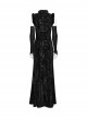 Retro Black Random Embossed Velvet Neckline Splicing Wool Strip Design With Exquisite Applique Gothic Style Chinese Long-Sleeved Dress