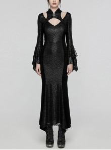 Black Printed Glued Patchwork Knitted Mesh Front Chest Three Dimensional V Neck Back Waist Adjustable Drawstring Gothic Style Long Sleeve Dress