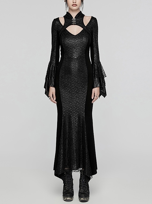 Black Printed Glued Patchwork Knitted Mesh Front Chest Three Dimensional V Neck Back Waist Adjustable Drawstring Gothic Style Long Sleeve Dress