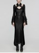 Black Printed Glued Patchwork Knitted Mesh Front Chest Three Dimensional V Neck Back Waist Adjustable Drawstring Gothic Style Long Sleeve Dress
