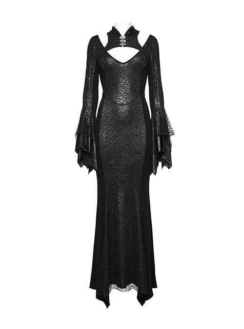 Black Printed Glued Patchwork Knitted Mesh Front Chest Three Dimensional V Neck Back Waist Adjustable Drawstring Gothic Style Long Sleeve Dress