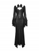 Black Printed Glued Patchwork Knitted Mesh Front Chest Three Dimensional V Neck Back Waist Adjustable Drawstring Gothic Style Long Sleeve Dress