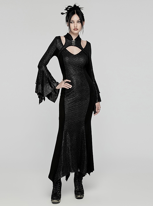 Black Printed Glued Patchwork Knitted Mesh Front Chest Three Dimensional V Neck Back Waist Adjustable Drawstring Gothic Style Long Sleeve Dress