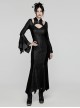 Black Printed Glued Patchwork Knitted Mesh Front Chest Three Dimensional V Neck Back Waist Adjustable Drawstring Gothic Style Long Sleeve Dress