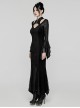 Black Printed Glued Patchwork Knitted Mesh Front Chest Three Dimensional V Neck Back Waist Adjustable Drawstring Gothic Style Long Sleeve Dress
