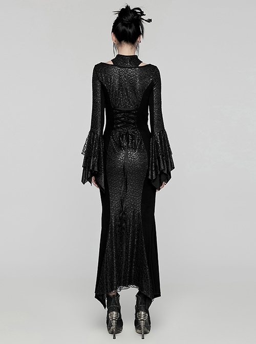 Black Printed Glued Patchwork Knitted Mesh Front Chest Three Dimensional V Neck Back Waist Adjustable Drawstring Gothic Style Long Sleeve Dress