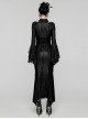 Black Printed Glued Patchwork Knitted Mesh Front Chest Three Dimensional V Neck Back Waist Adjustable Drawstring Gothic Style Long Sleeve Dress