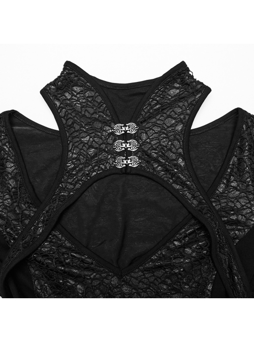 Black Printed Glued Patchwork Knitted Mesh Front Chest Three Dimensional V Neck Back Waist Adjustable Drawstring Gothic Style Long Sleeve Dress