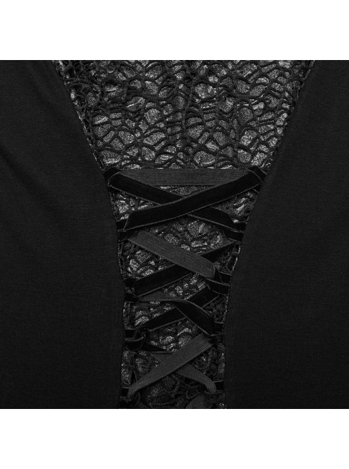 Black Printed Glued Patchwork Knitted Mesh Front Chest Three Dimensional V Neck Back Waist Adjustable Drawstring Gothic Style Long Sleeve Dress