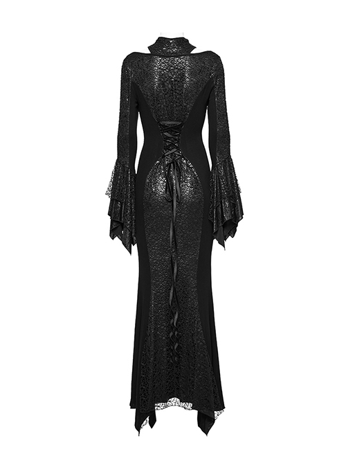 Black Printed Glued Patchwork Knitted Mesh Front Chest Three Dimensional V Neck Back Waist Adjustable Drawstring Gothic Style Long Sleeve Dress