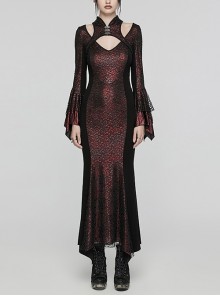 Black Red Printed Glued Patchwork Knitted Mesh Front Chest Three-Dimensional V-Neck Back Waist Adjustable Drawstring Gothic Style Long Sleeve Dress