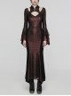 Black Red Printed Glued Patchwork Knitted Mesh Front Chest Three-Dimensional V-Neck Back Waist Adjustable Drawstring Gothic Style Long Sleeve Dress