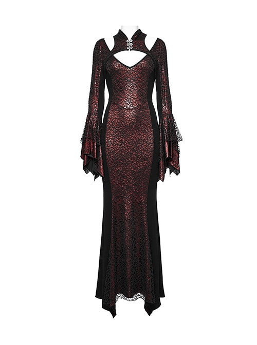 Black Red Printed Glued Patchwork Knitted Mesh Front Chest Three-Dimensional V-Neck Back Waist Adjustable Drawstring Gothic Style Long Sleeve Dress