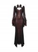 Black Red Printed Glued Patchwork Knitted Mesh Front Chest Three-Dimensional V-Neck Back Waist Adjustable Drawstring Gothic Style Long Sleeve Dress