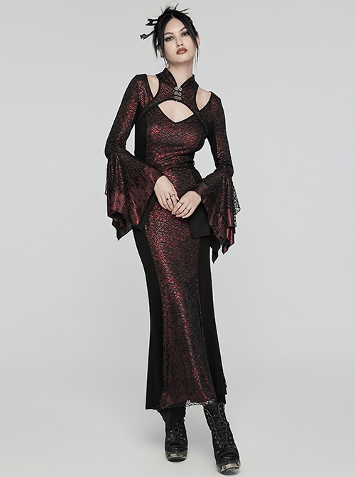 Black Red Printed Glued Patchwork Knitted Mesh Front Chest Three-Dimensional V-Neck Back Waist Adjustable Drawstring Gothic Style Long Sleeve Dress