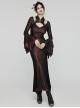 Black Red Printed Glued Patchwork Knitted Mesh Front Chest Three-Dimensional V-Neck Back Waist Adjustable Drawstring Gothic Style Long Sleeve Dress