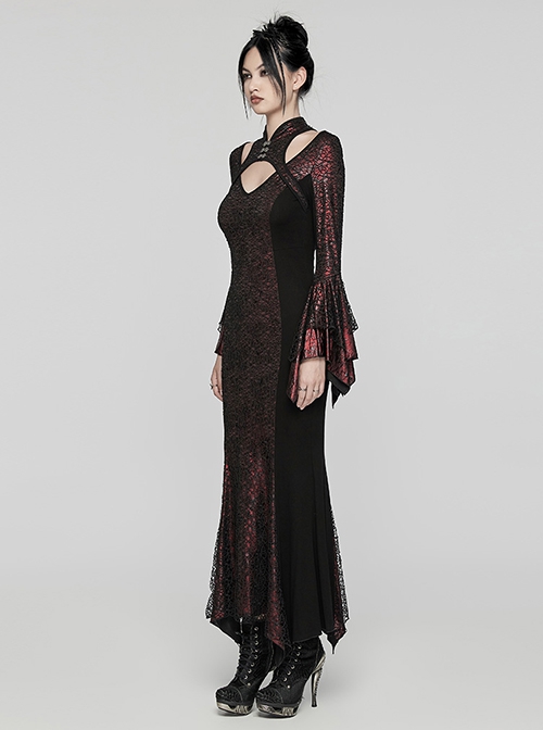 Black Red Printed Glued Patchwork Knitted Mesh Front Chest Three-Dimensional V-Neck Back Waist Adjustable Drawstring Gothic Style Long Sleeve Dress