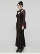 Black Red Printed Glued Patchwork Knitted Mesh Front Chest Three-Dimensional V-Neck Back Waist Adjustable Drawstring Gothic Style Long Sleeve Dress