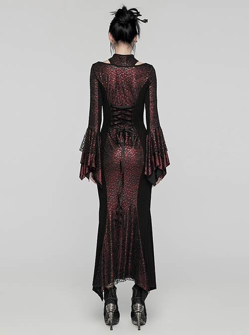 Black Red Printed Glued Patchwork Knitted Mesh Front Chest Three-Dimensional V-Neck Back Waist Adjustable Drawstring Gothic Style Long Sleeve Dress
